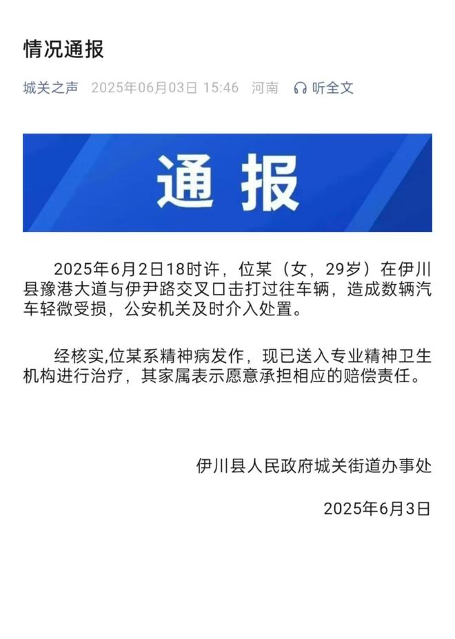 kaiyun官方下载，女子持械当街打砸多辆轿车官方通报：系精神病发作家属愿意承担